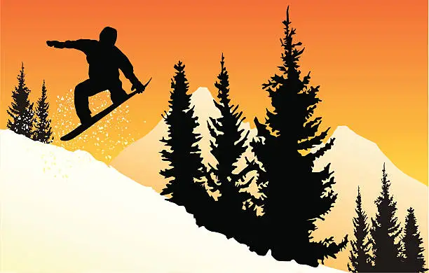 Vector illustration of Vector silhouette of a snowboarder jumping at sunset in mountains.