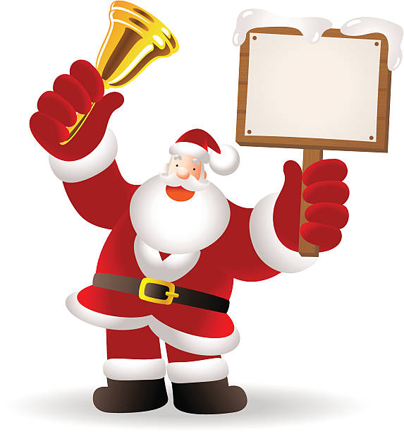 illustrazioni stock, clip art, cartoni animati e icone di tendenza di natale: santa claus agitare jingle bell e holding vuoto segno - bell jingle christmas music