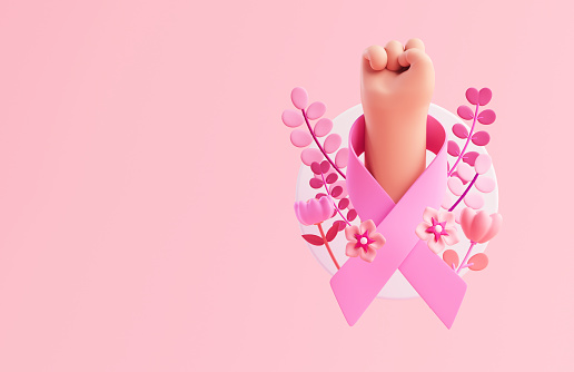 Woman fist with a pink ribbon and flowers for Breast Cancer Awareness Month and the fight against cancer. World Cancer Day flyer background with copy space in 3D illustration