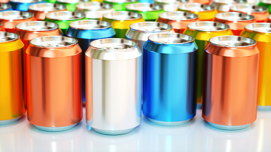 This is a 3D rendered illustration of a collection of cans