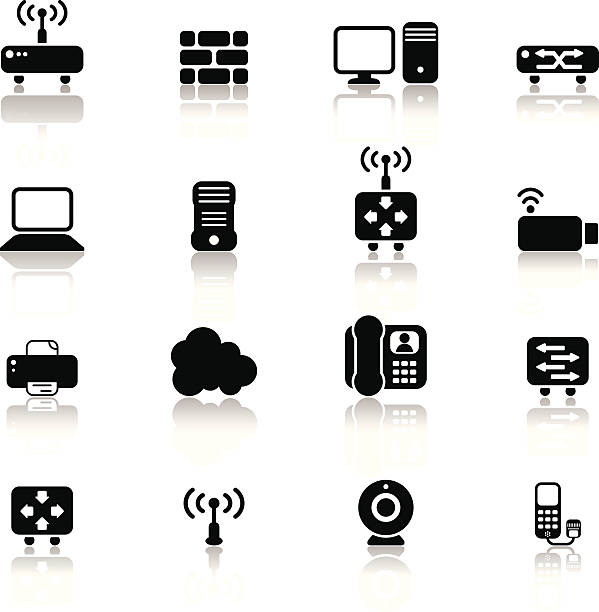 illustrations, cliparts, dessins animés et icônes de réseau des éléments simples et appareils avec reflets - wireless technology voip internet network connection plug