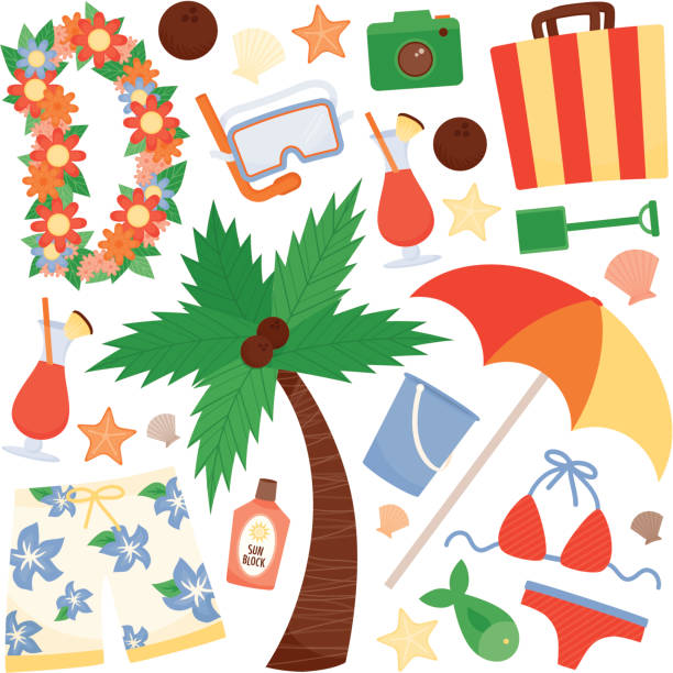 Beach Vacation Everything you need to take a Hawaiian beach vacation mai tai hawaii stock illustrations