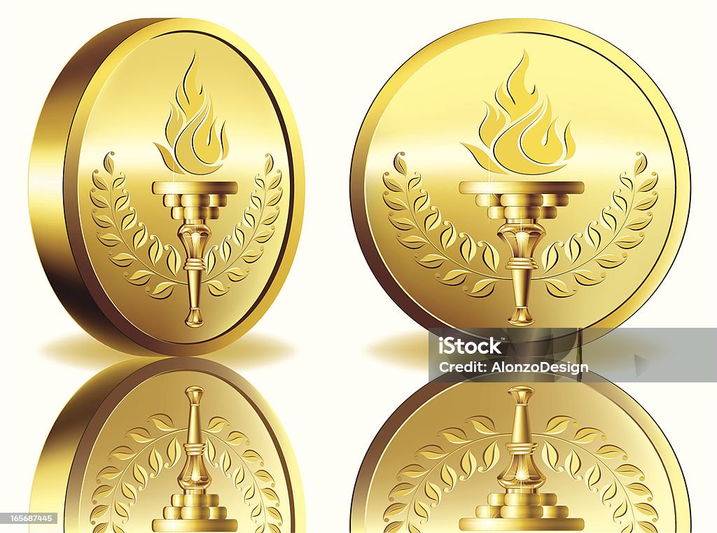 Medalha de ouro com Tocha de Fogo - Vetor de Ouro - Metal royalty-free