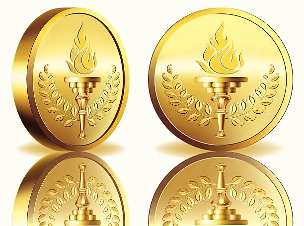 Vector illustration of Gold medal with flaming torch