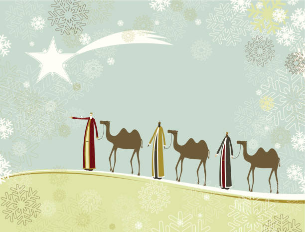 Three wise men Three wise men with camells on their way to Bethlehem. Layered file for easy edition. christmas three wise men camel christianity stock illustrations