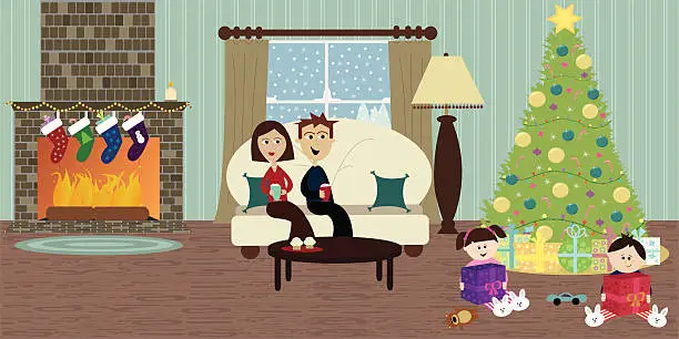 Vector illustration of Family Opening Presents on Christmas Day