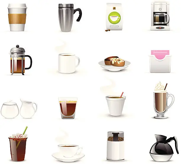 Vector illustration of Sixteen coffee related icons and logos