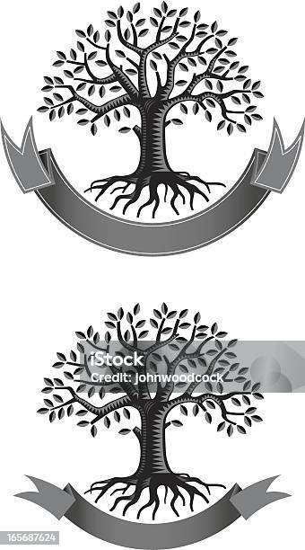 Ilustración de Frondoso Árbol Fondo De Banner y más Vectores Libres de Derechos de Semicírculo - Semicírculo, Árbol, Grabado en madera