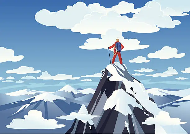 Vector illustration of Hiker standing on a mountain peak