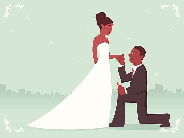marriage proposal Perfect for a save-the-day announcement card and/or a wedding invitation: A man serenading to a woman underneath the moonlight, with a diamond ring in his hand. The ring is on a separate layer and can be removed easily.  african bride and groom stock illustrations