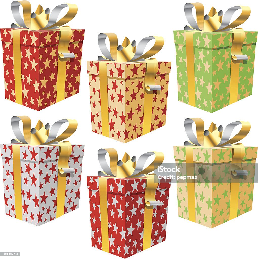 Juego de 6 cajas de regalo, patrón de estrellas, cinta de oro - arte vectorial de Amarillo - Color libre de derechos