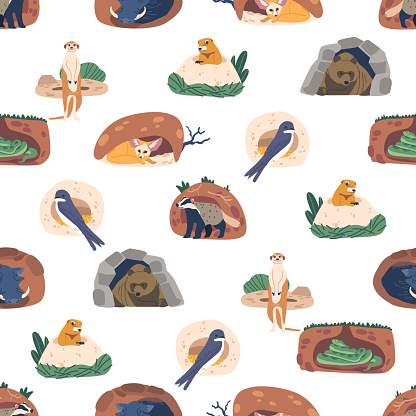 Seamless Pattern Featuring Adorable Animals Living In Burrows. Vector Tile Creating A Charming And Playful Design That Captures Warthog, Meerkat, Badger, Groundhog, Fennec, Bear, Swallow And Snake