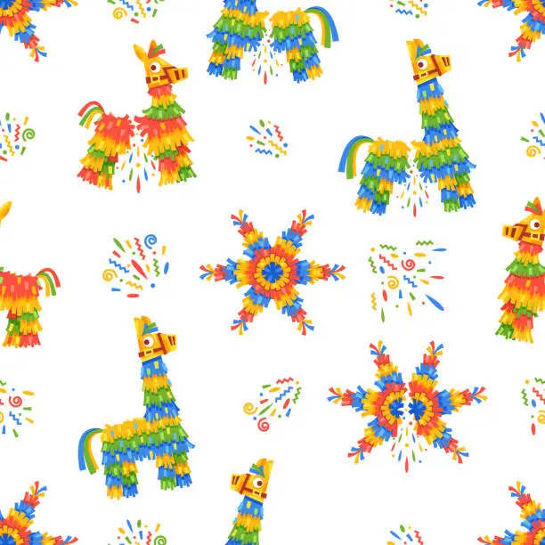 Vector illustration of Pinatas Star, Llama and Donkey, Seamlessly Arranged In A Joyful Pattern, Evoking A Festive And Celebratory Atmosphere