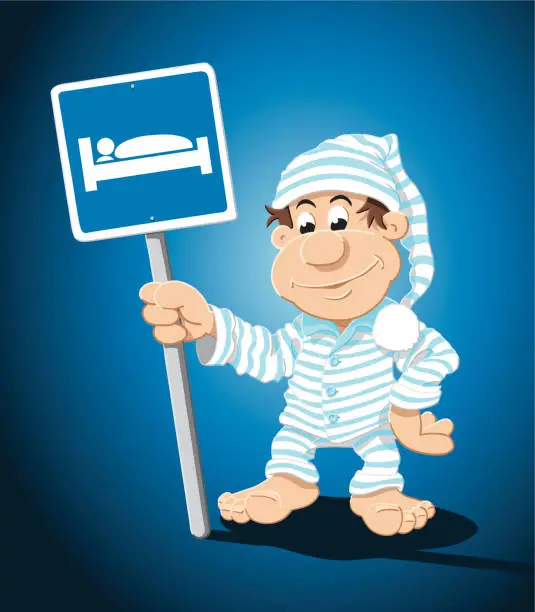 Vector illustration of Sleepyhead Cartoon Man Lodging Sign