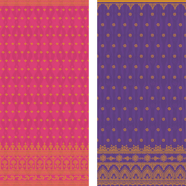 Various sample of silk saris in pink and violet vector art illustration