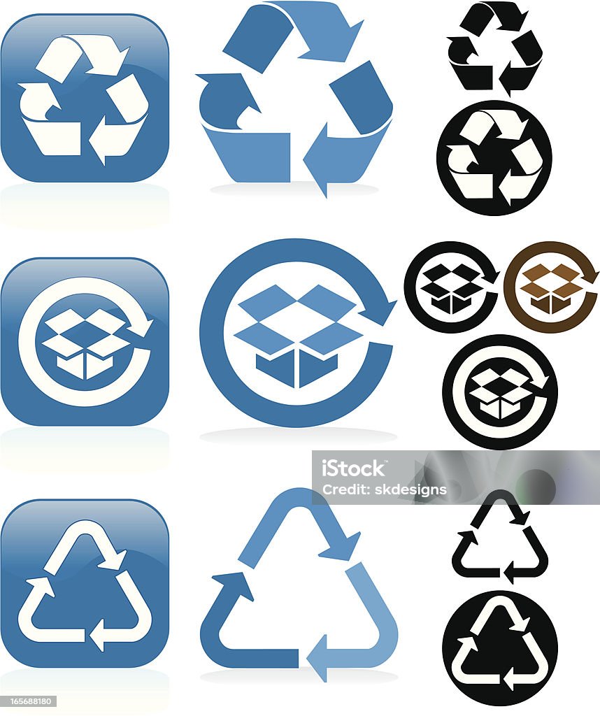 Set di simboli di riciclaggio e pulsanti blu, bianco, nero - arte vettoriale royalty-free di Beige
