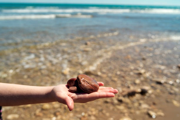 A teenager's hand with a stone on the beach