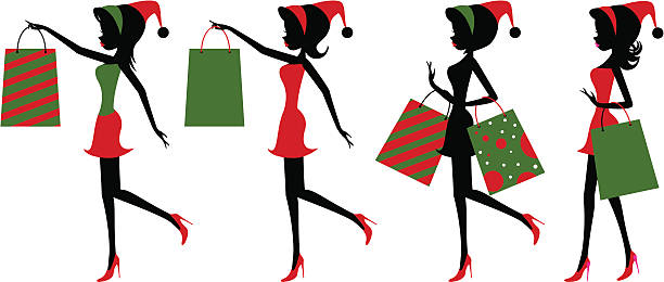 weihnachts-shopping – mädchen - shopping christmas women retail stock-grafiken, -clipart, -cartoons und -symbole