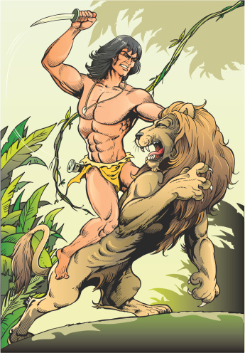 Illustration of fight between Tarzan and angry lion...