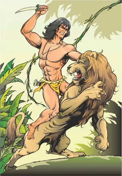 Vector illustration of Tarzan and Lion