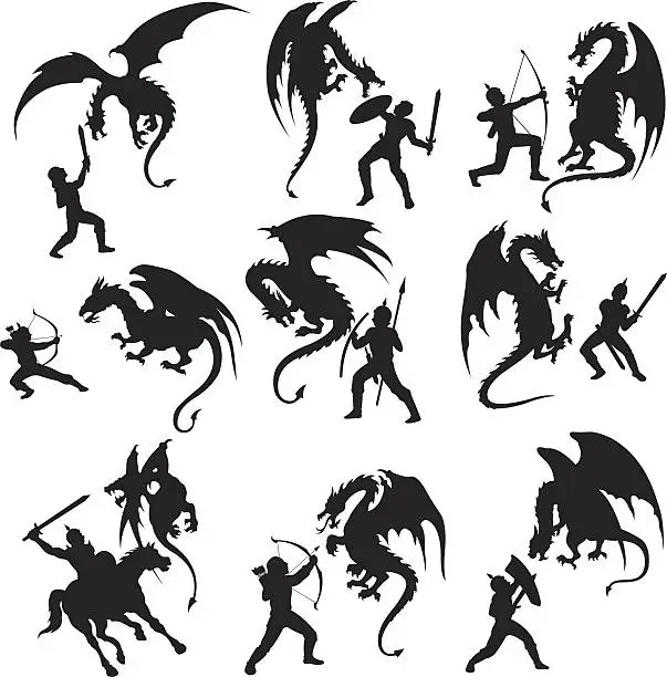 Vector illustration of Knights fighting with dragons