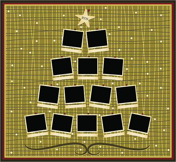 Christmas Family Tree "Christmas tree made out of empty picture frames, each with space beneath to add names. Each frame is secured with a festive red push pin. Add your pictures and names to create a great holiday card." family tree chart stock illustrations