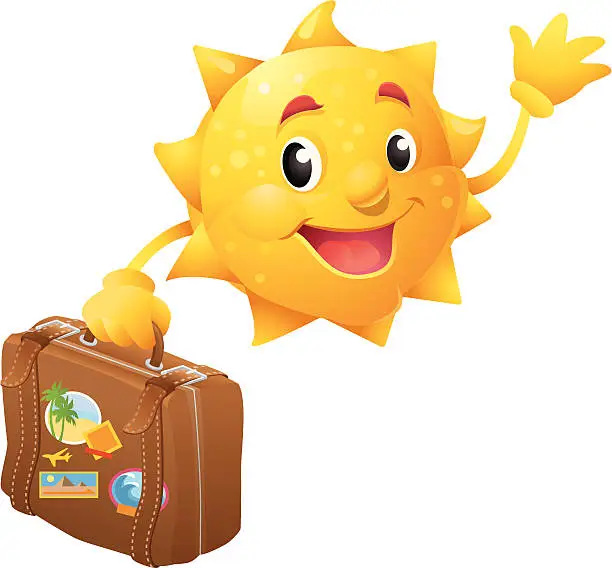 Vector illustration of Smiling and Waving Summer Sun Cartoon Character with Travel Suitcase