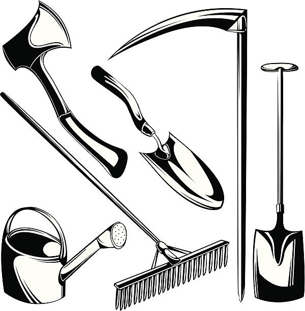 garden tools Black and white garden tools isolated on white. Scythe stock illustrations