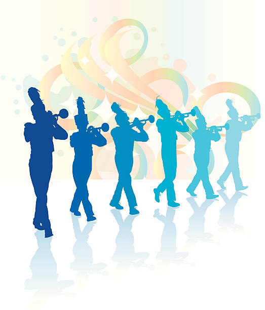 ilustraciones, imágenes clip art, dibujos animados e iconos de stock de trompeta jugadores-banda - parade marching band trumpet musical instrument