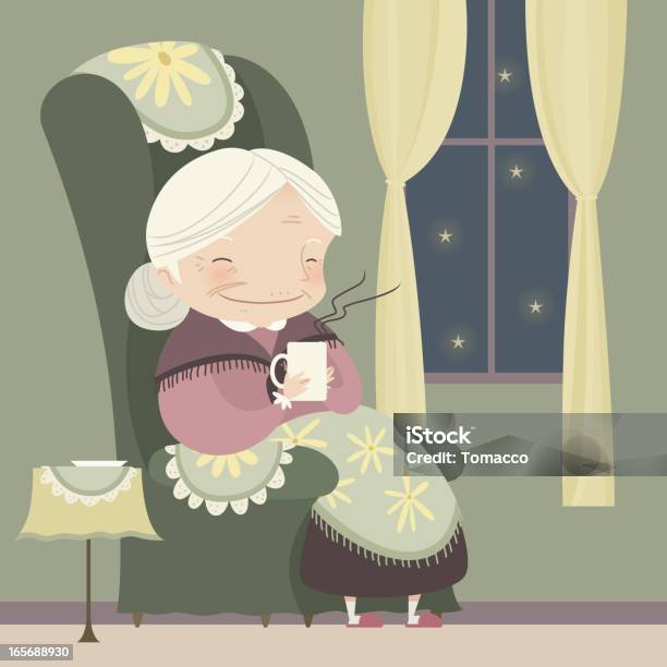 Cute Grandma Enjoying Tea Winter Snow Night With Star Shape Stock Illustration - Download Image Now