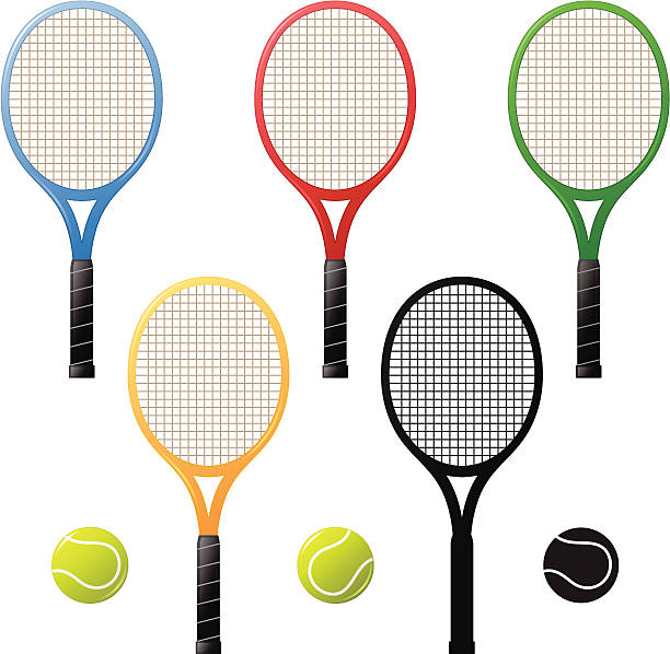 теннис ракетки и мячи - silhouette tennis racket tennis racket stock illustrations