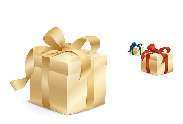 ilustraciones, imágenes clip art, dibujos animados e iconos de stock de caja de regalo con lazo de oro - white background gift christmas wrapping paper