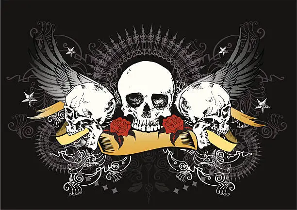 Vector illustration of three skulls with wings on ornate background