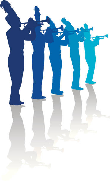 Marching Band Trumpet Line Tight graphic silhouette illustrations of the trumpet line of a Marching Band. Use with or without the plume. Scale to any size, color changes a snap. Check out my "Marching Band Vector" light box for more. marching band silhouette stock illustrations
