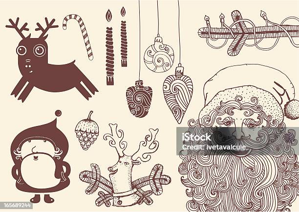 Hand Drawn Christmas Themeset Rentier Weihnachtsmann Weihnachtsbaum Kerzen Stock Vektor Art und mehr Bilder von Weihnachten