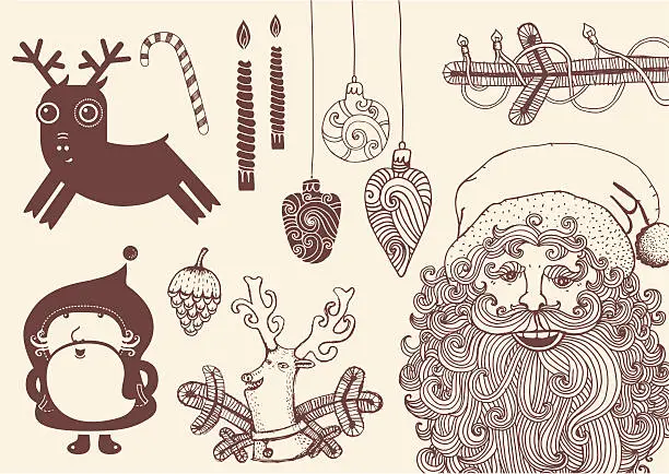 Vector illustration of Hand drawn Christmas theme set: Santa, Reindeer, Christmas tree, candles