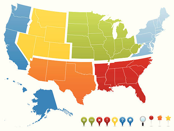 미국 gps 지역 핀 맵 - 미국 남부 stock illustrations