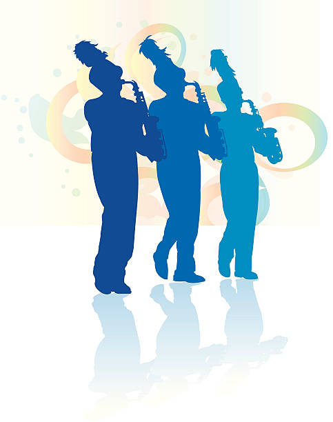 Marching Band Saxophone Line - Parade Background Marching Band Saxophone Line - Parade Background. Tight graphic silhouette illustrations of the Saxophone line in a parade Marching Band. Use with or without the plume. Scale to any size, color changes a snap. Check out my "Marching Band Vector" light box for more. pics of a marching band stock illustrations