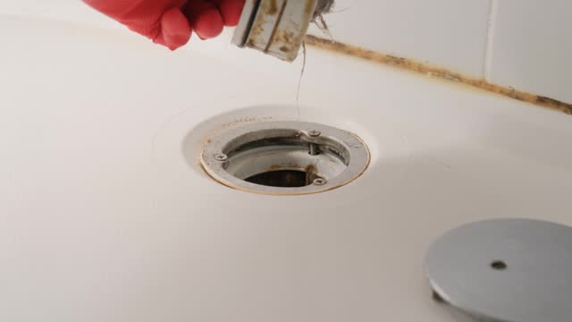 The drain plug of the sink is clogged with a mass of hair and dirt. A plumber in a rubber glove opens a shower drain.