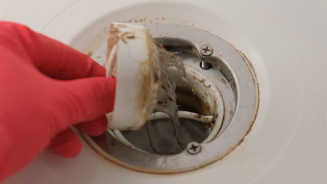 The drain plug of the sink is clogged with a mass of hair and dirt. A plumber in a rubber glove opens a shower drain.