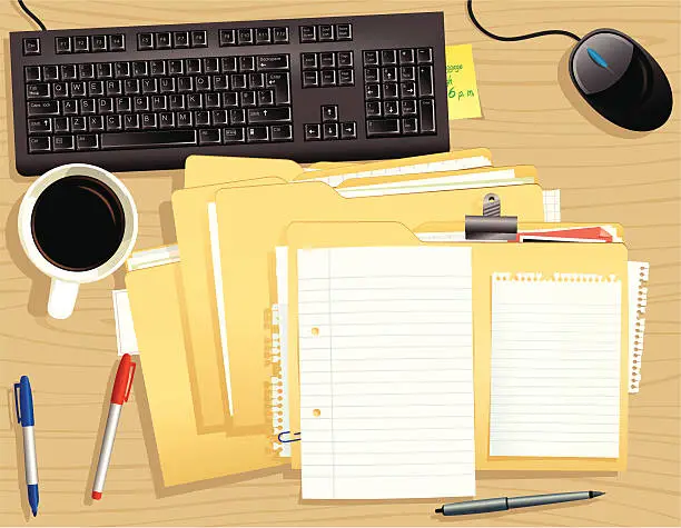 Vector illustration of Office desktop with stack of files and keyboard