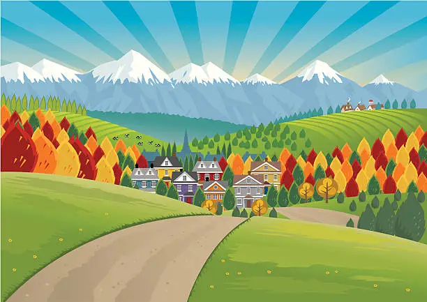 Vector illustration of Country Houses in Valley