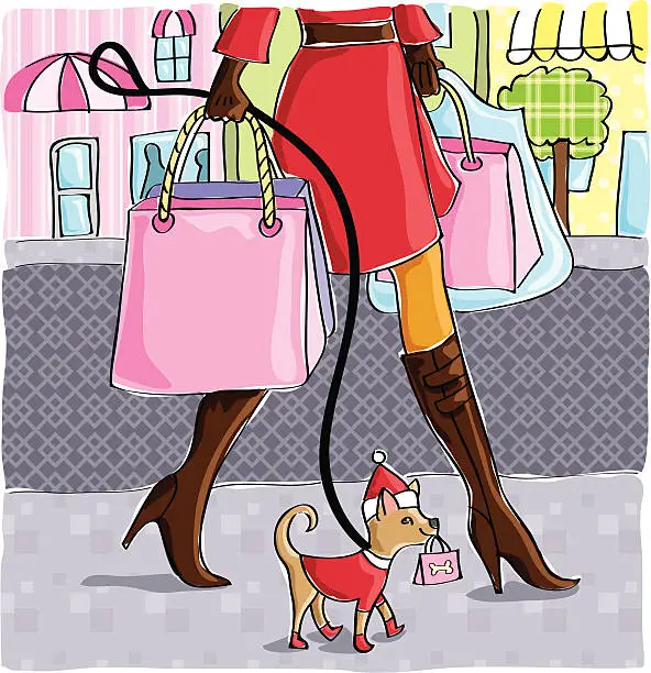Vector illustration of Woman shopping and walking her little dog