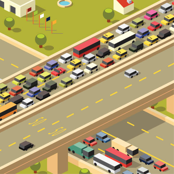 Busy road to work and free road home one way traffic jam car traffic jam traffic driving stock illustrations