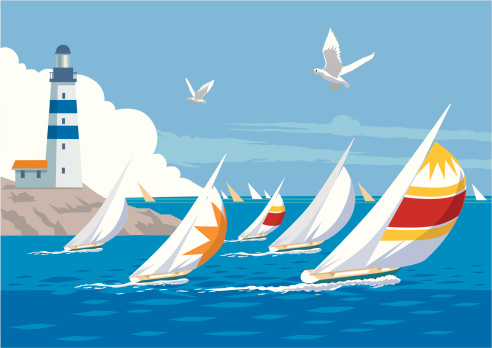 Yachts with spinnakers racing on a blue ocean, with seagulls and lighthouse in the background. Art on easily edited layers.