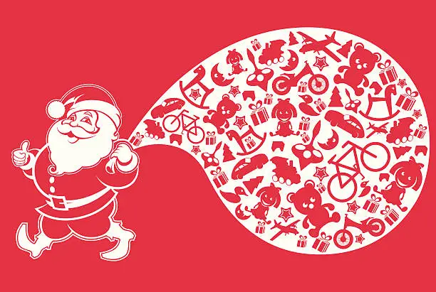 Vector illustration of Santa Claus with a bag full of gifts.