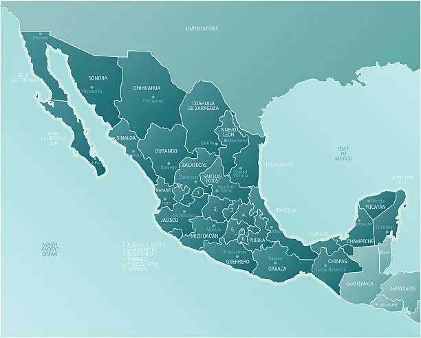 Vector illustration of A geographical map of Mexico showing its many cities