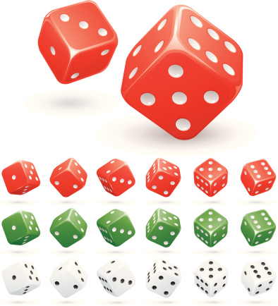 Various rolling dice in red, green and white.