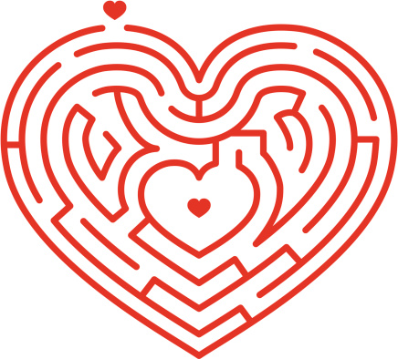 Illustration of a maze in the shape of a heart. Perfect for sweethearts, lovers, or anyone who has a little love in the heart. Zipped file contains black and white .eps and hi-res jpeg.