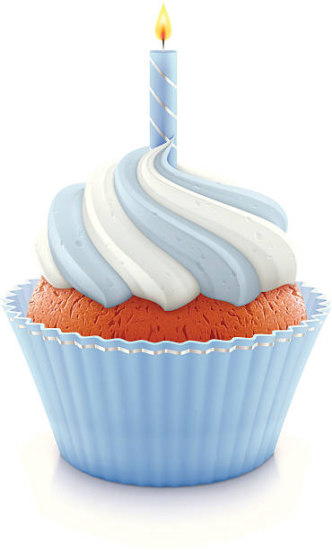 Blue birthday cupcake Vector illustration of blue birthday cupcake with burning candle. cupcake candle stock illustrations